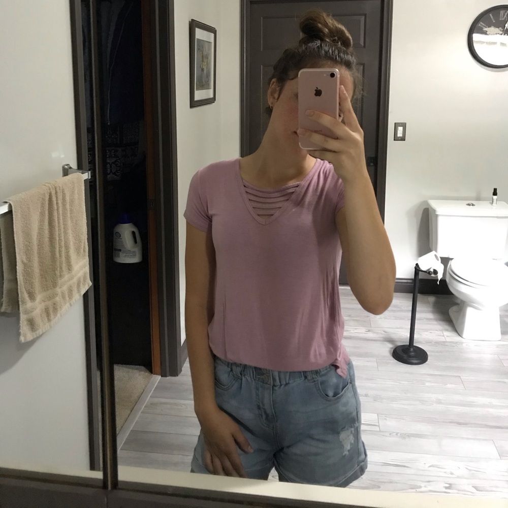 Mauve shirt with striped V- neck